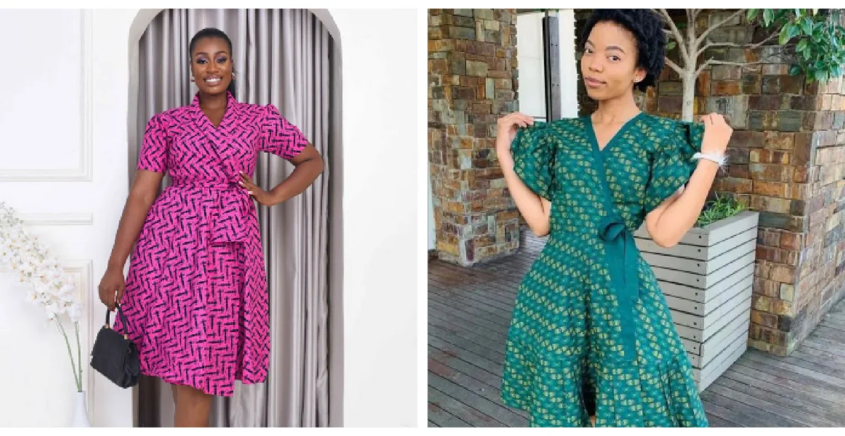 Stylish Ankara wrap flare dress with a flattering V-neckline and flared skirt, ideal for casual and semi-formal occasions.