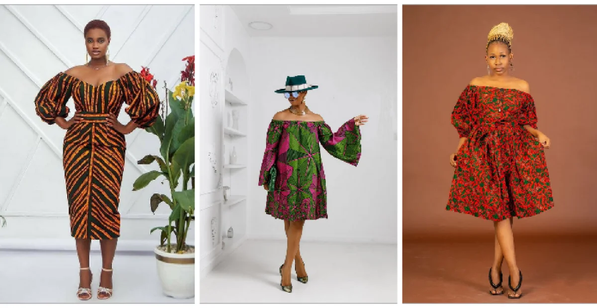 A collage image of models in off-shoulder Ankara dresses styled for different events.