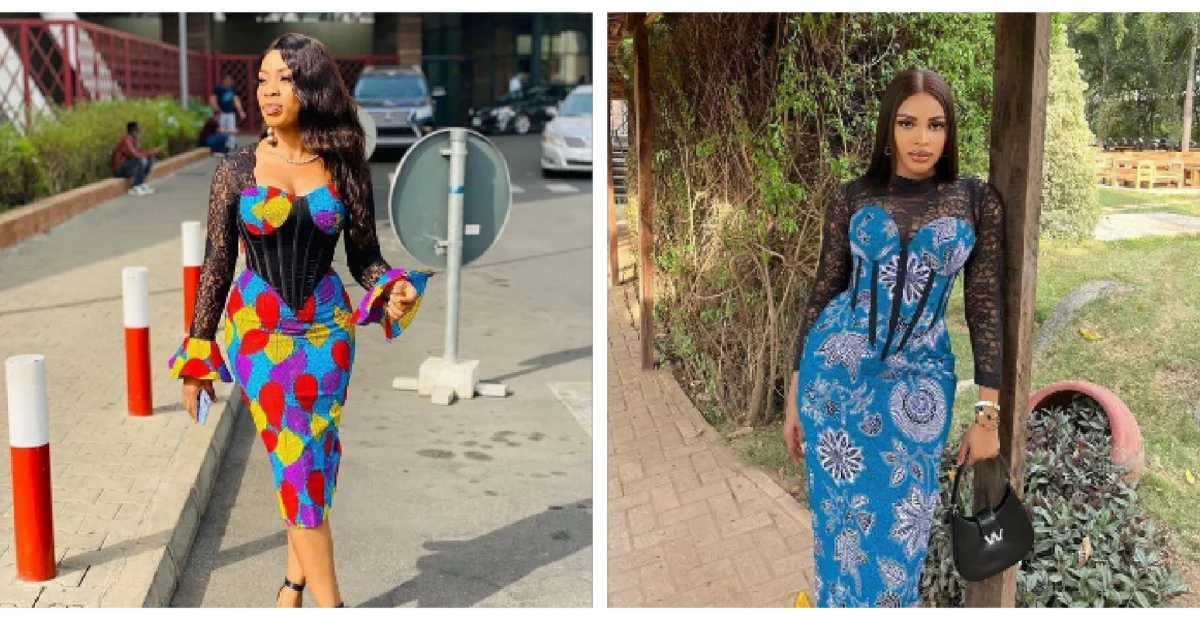 Elegant Ankara corset gown with a fitted bodice and vibrant print, perfect for evening wear.