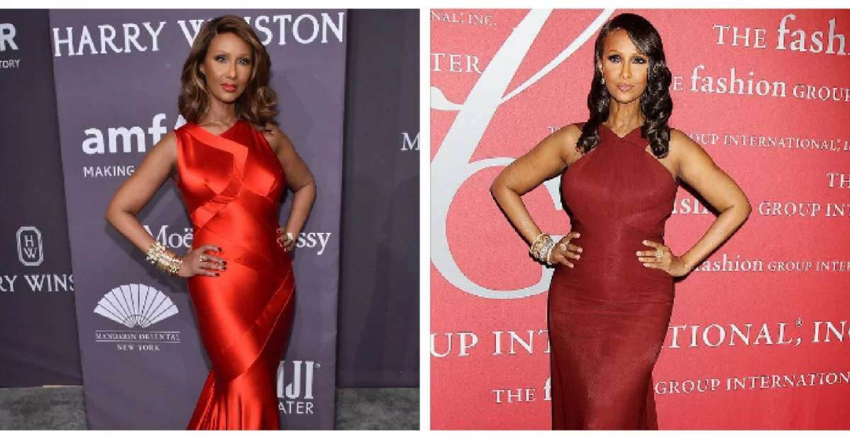 Iman elegantly dressed in red dress.