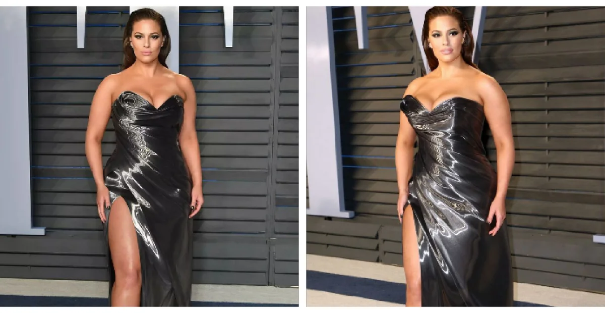 Ashley Graham elegantly dressed in a black dress, showcasing her style and poise from different angles.