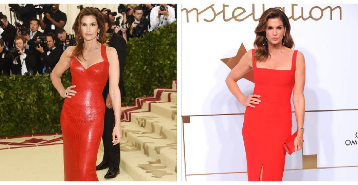 Cindy Crawford beautifully dressed in red dress highlighting her elegance and charm. 